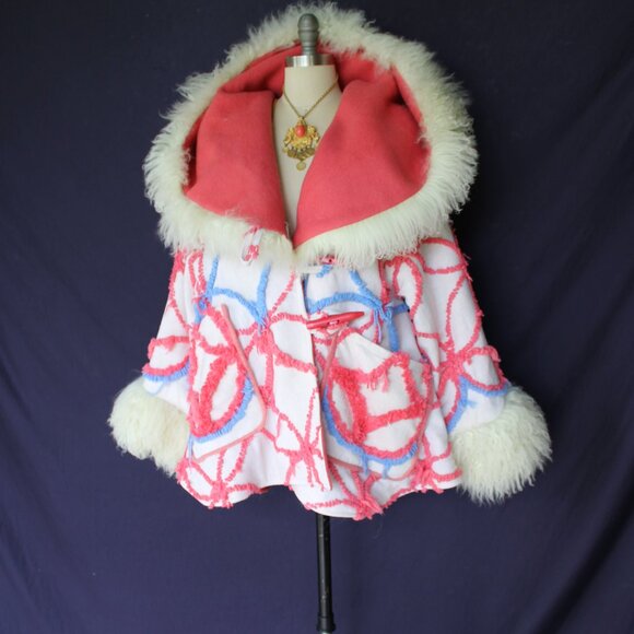 Artisan Vintage Chanille blanket jacket mongolia lamb cloak poncho toggle coat - Picture 5 of 12